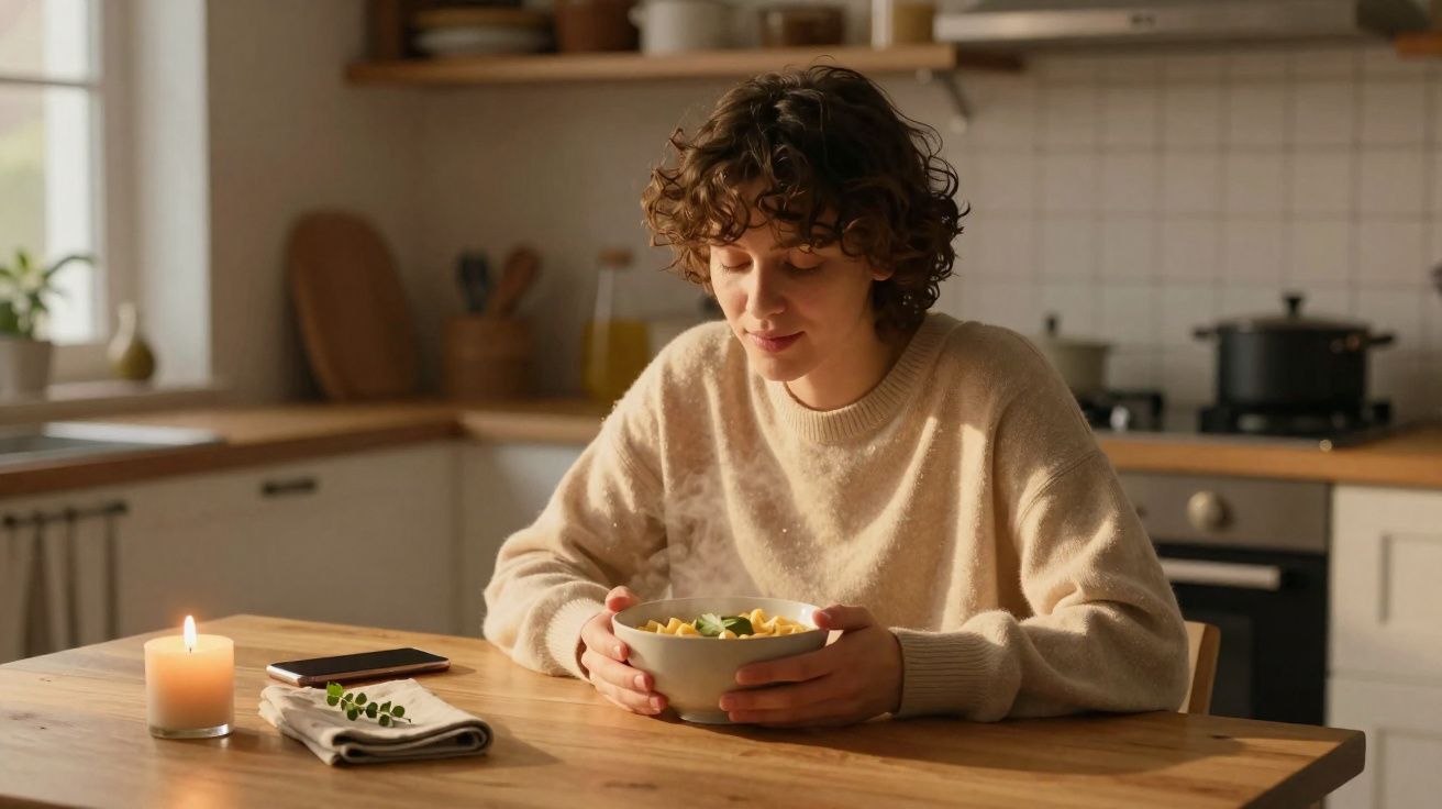 Mulher sentada à mesa a cheirar uma tigela de comida quente numa cozinha acolhedora.