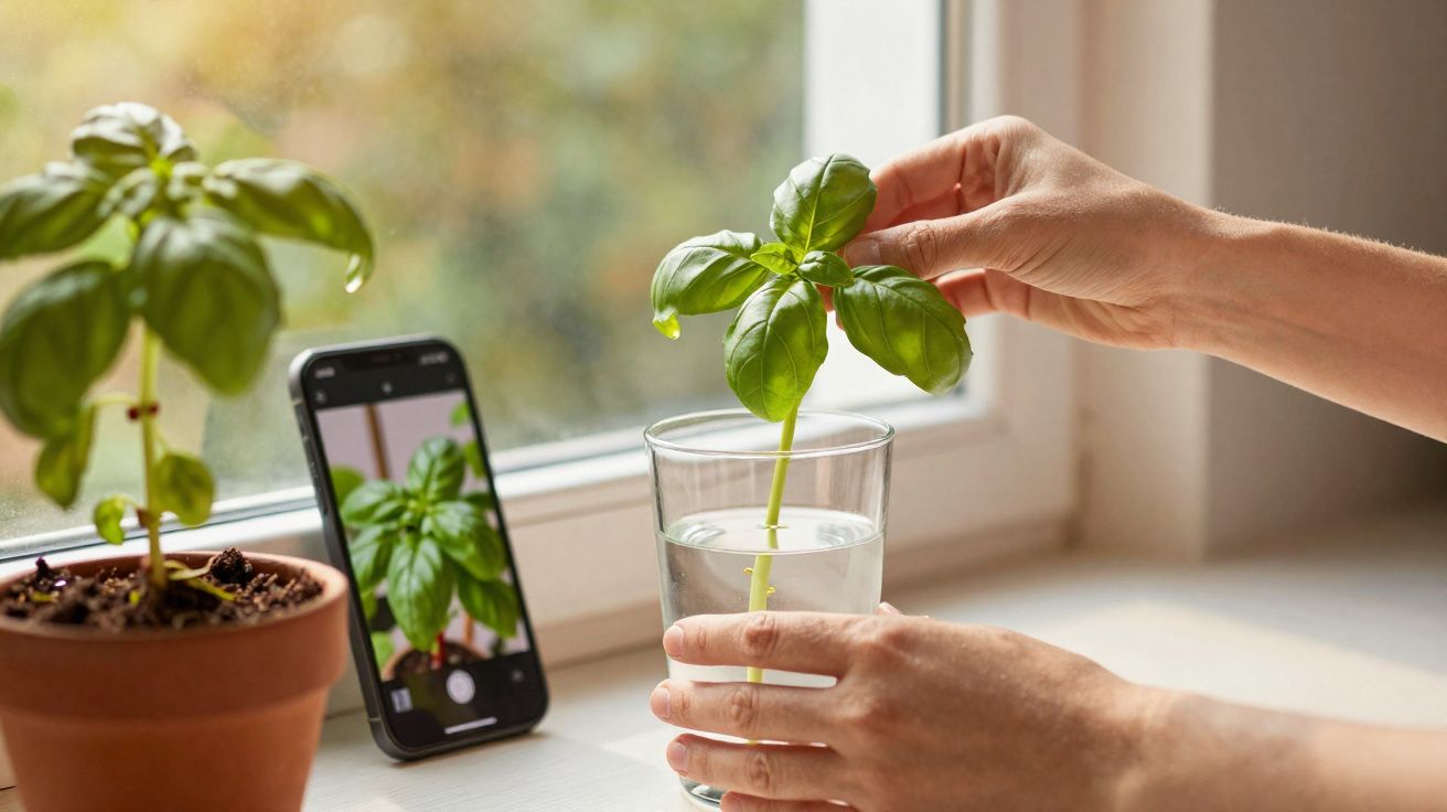 Mãos seguram copo com planta de manjericão, smartphone fotografa planta ao lado numa janela iluminada.