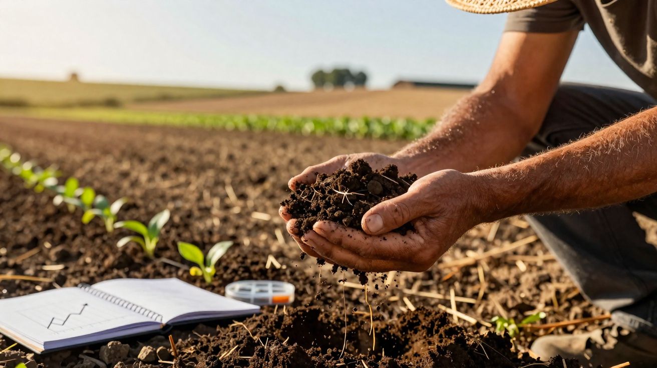 Agricultor de chapéu a segurar terra fértil numa plantação com caderno aberto no campo.