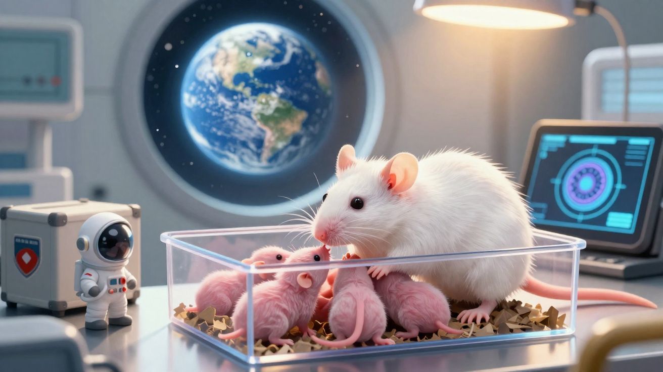 Rata branca com bebés ratinhos cor-de-rosa numa caixa transparente num laboratório espacial com a Terra ao fundo.