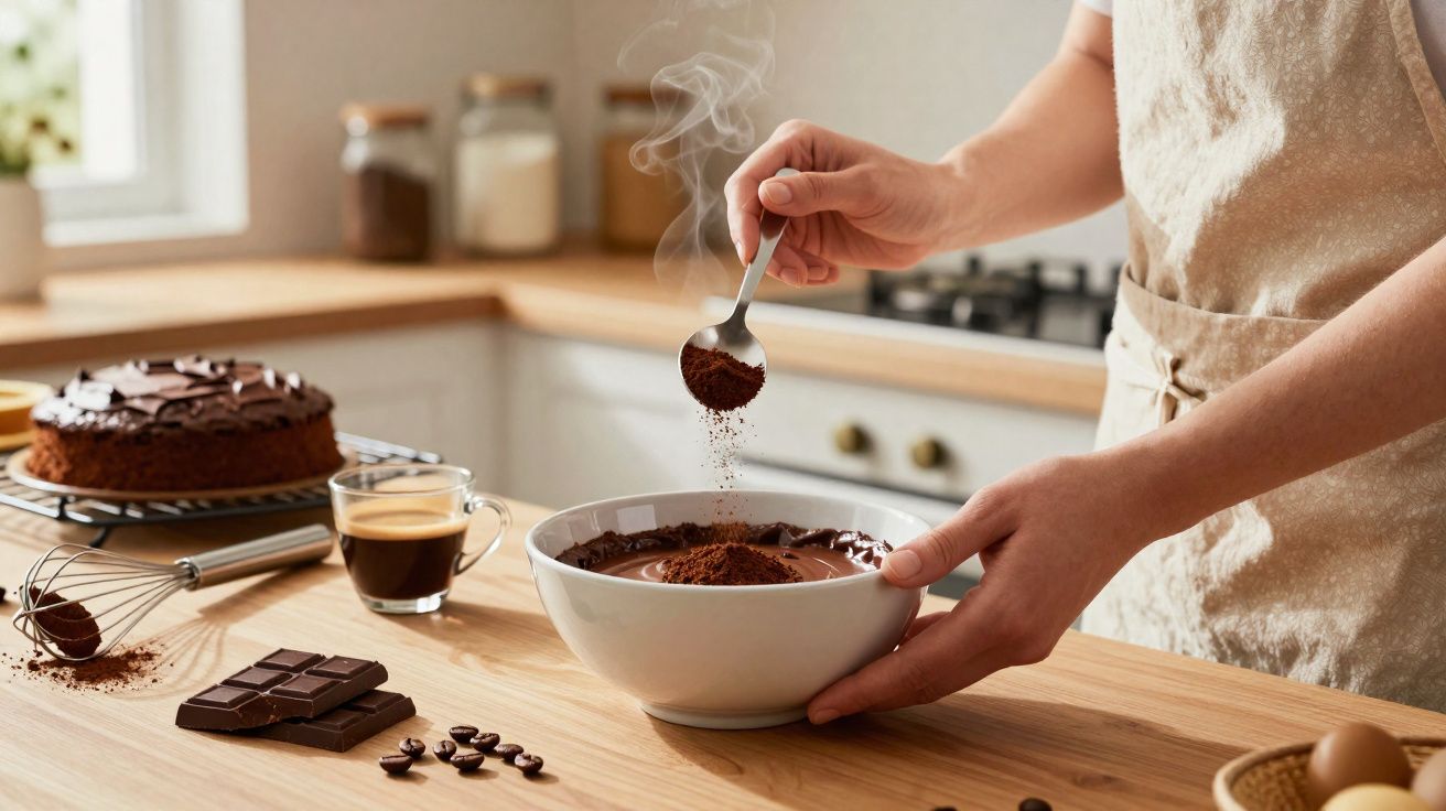 Pessoa a preparar mistura de chocolate numa tigela numa cozinha com bolo e café ao fundo.