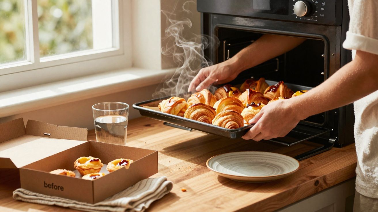 Pessoa a retirar croissants quentes do forno numa cozinha com caixa de pastelaria e copo de água.