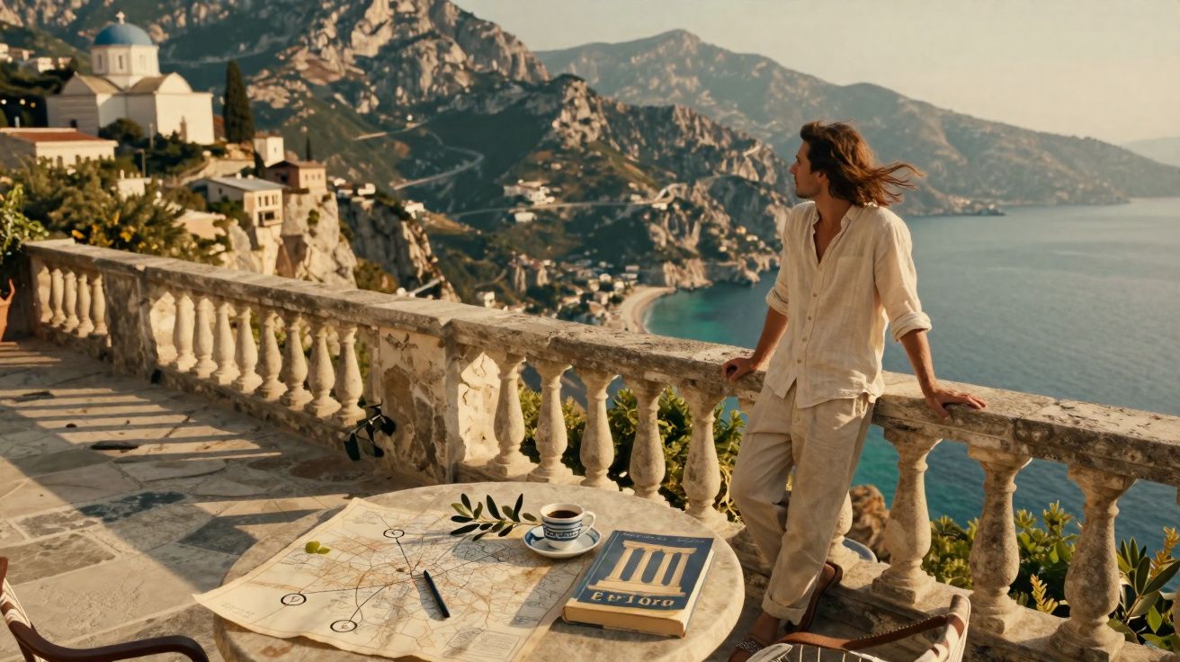 Homem relaxa na varanda com vista para montanhas, mar e vila costeira ao amanhecer.