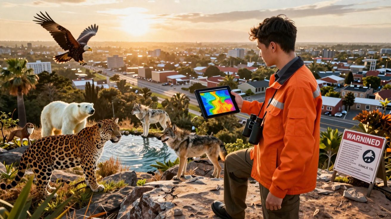 Jovem com tablet observa animais selvagens variados numa colina com vista sobre uma cidade ao pôr do sol.