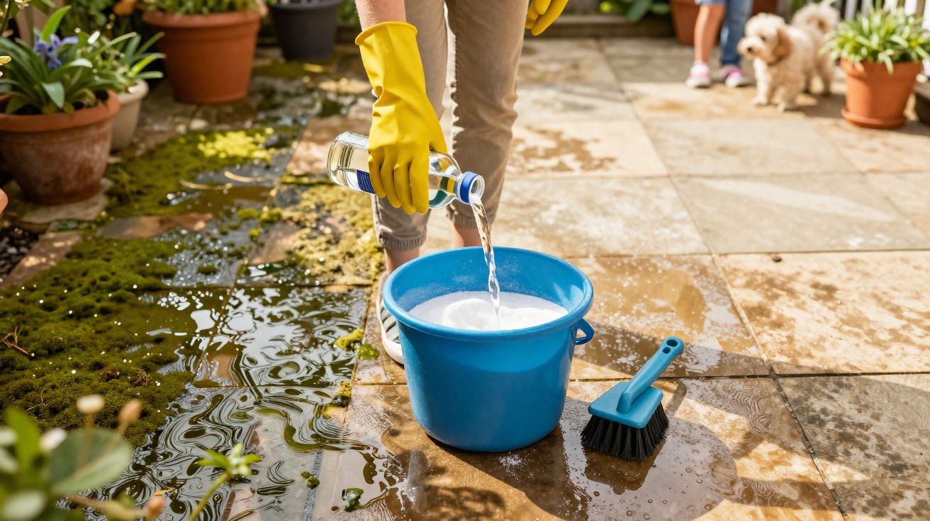 Pessoa a verter líquido num balde azul para limpar musgo da calçada exterior num dia de sol.