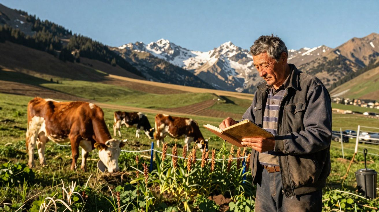 Homem olha para livro numa quinta com vacas e montanhas nevadas ao fundo.