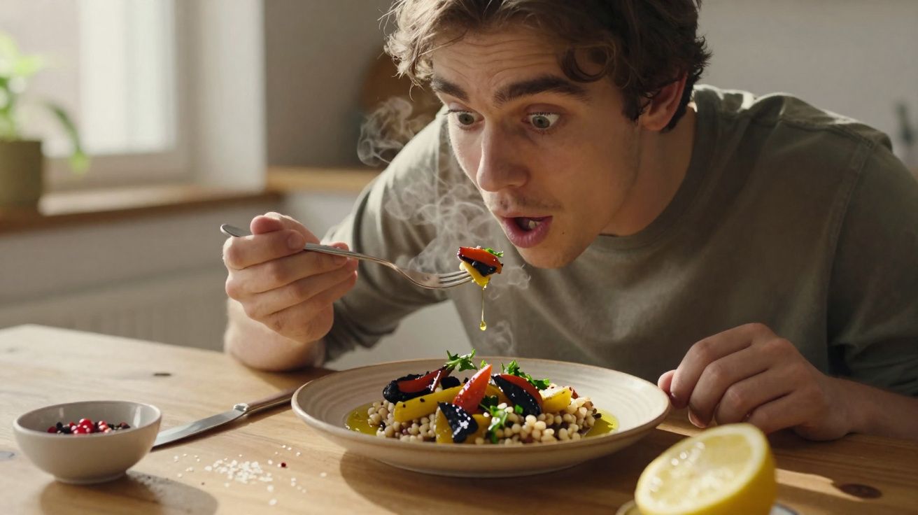 Jovem a preparar-se para provar prato colorido e saudável com cuscuz e legumes temperados com azeite.