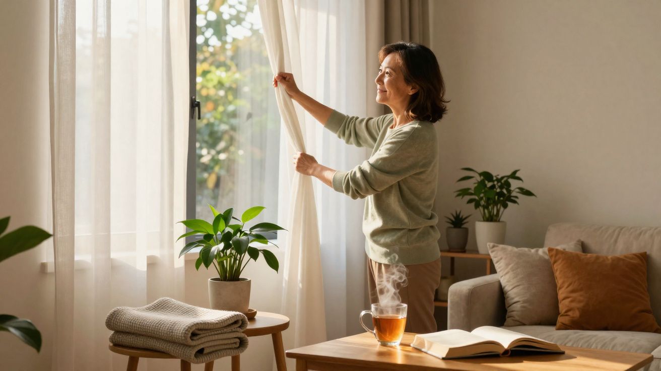Mulher a abrir cortinas numa sala iluminada, com plantas, chá fumegante e livro na mesa.