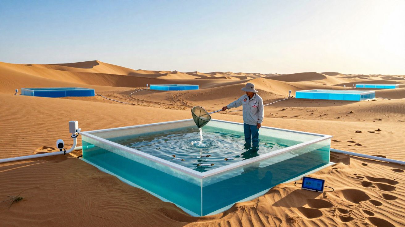 Homem recolhe peixes numa piscina transparente no deserto com dunas e outras piscinas ao fundo.