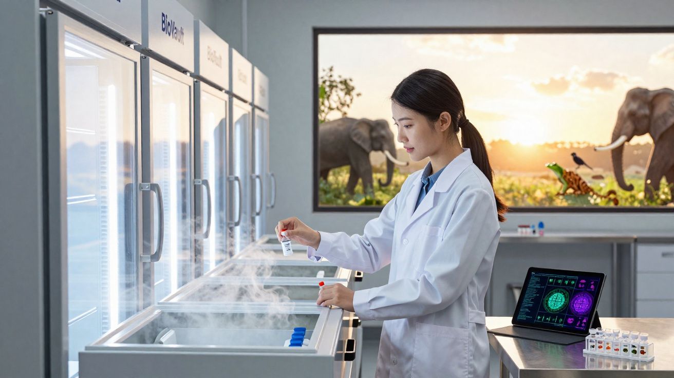 Mulher cientista a trabalhar com amostras em laboratório com imagem de elefantes ao fundo.