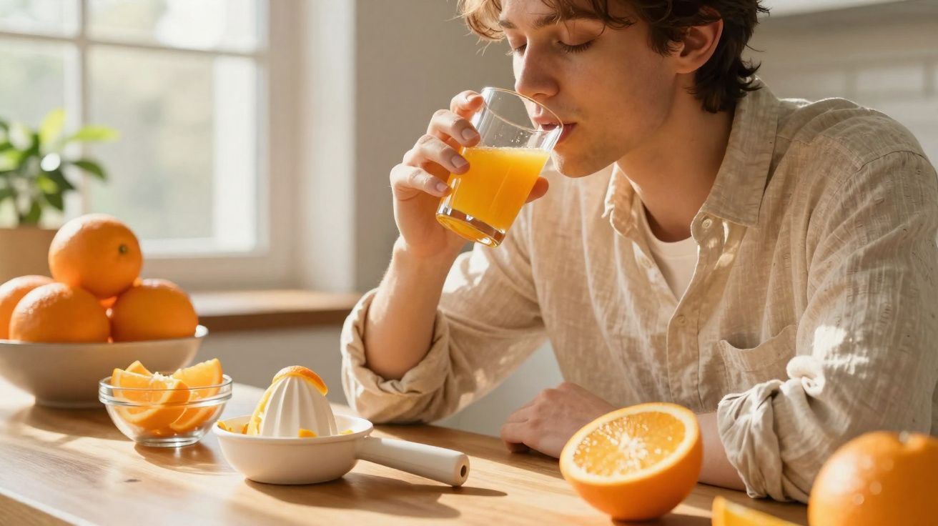 Homem a beber sumo de laranja fresco numa cozinha com laranjas e espremedor sobre a mesa.
