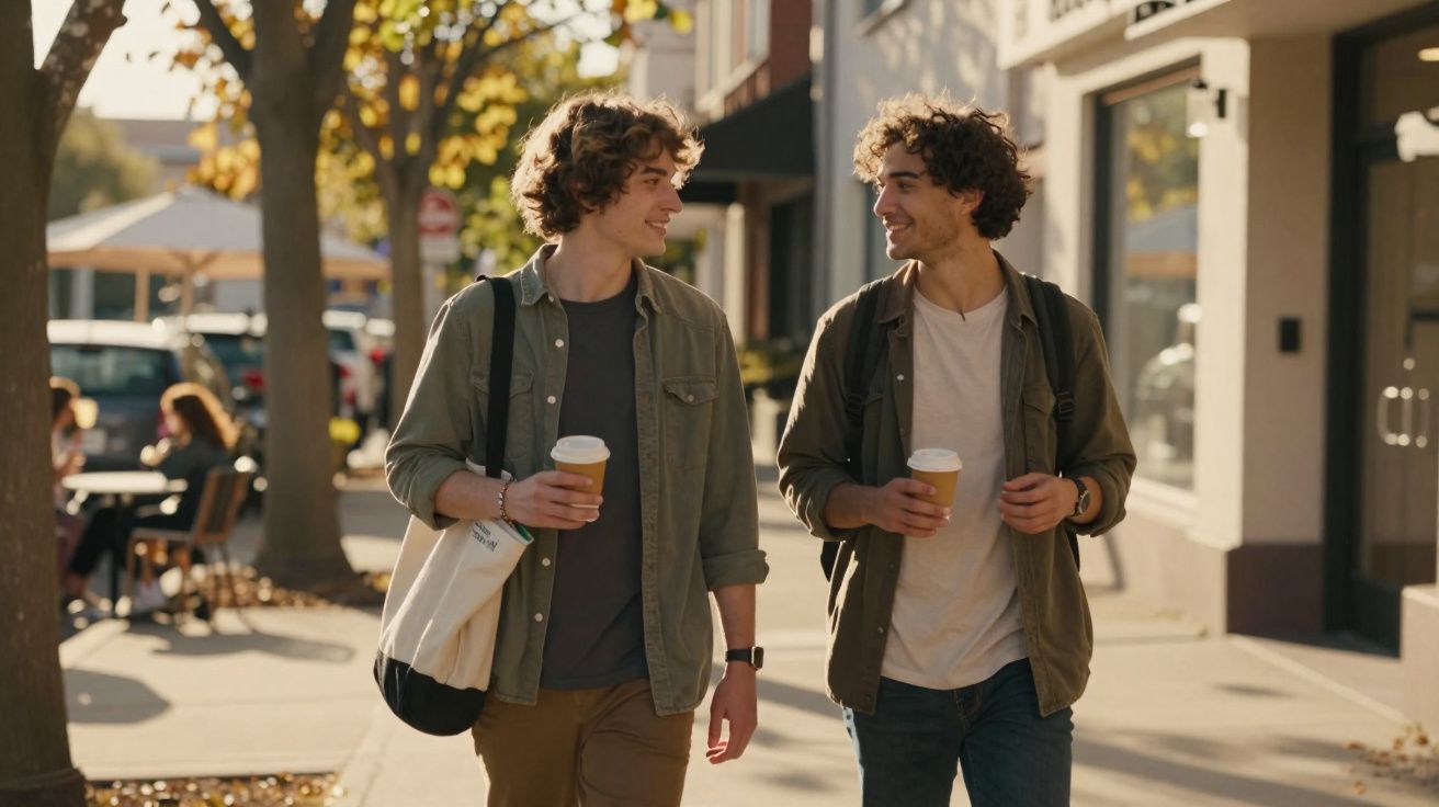 Dois jovens a caminhar na rua com café para viagem, conversando e sorrindo numa tarde ensolarada.