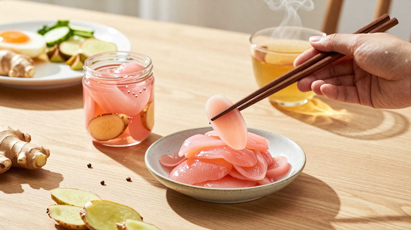 Mão segurando pauzinhos a apanhar rodelas de gengibre em conserva num prato com chá e gengibre fresco sobre mesa de madeira.