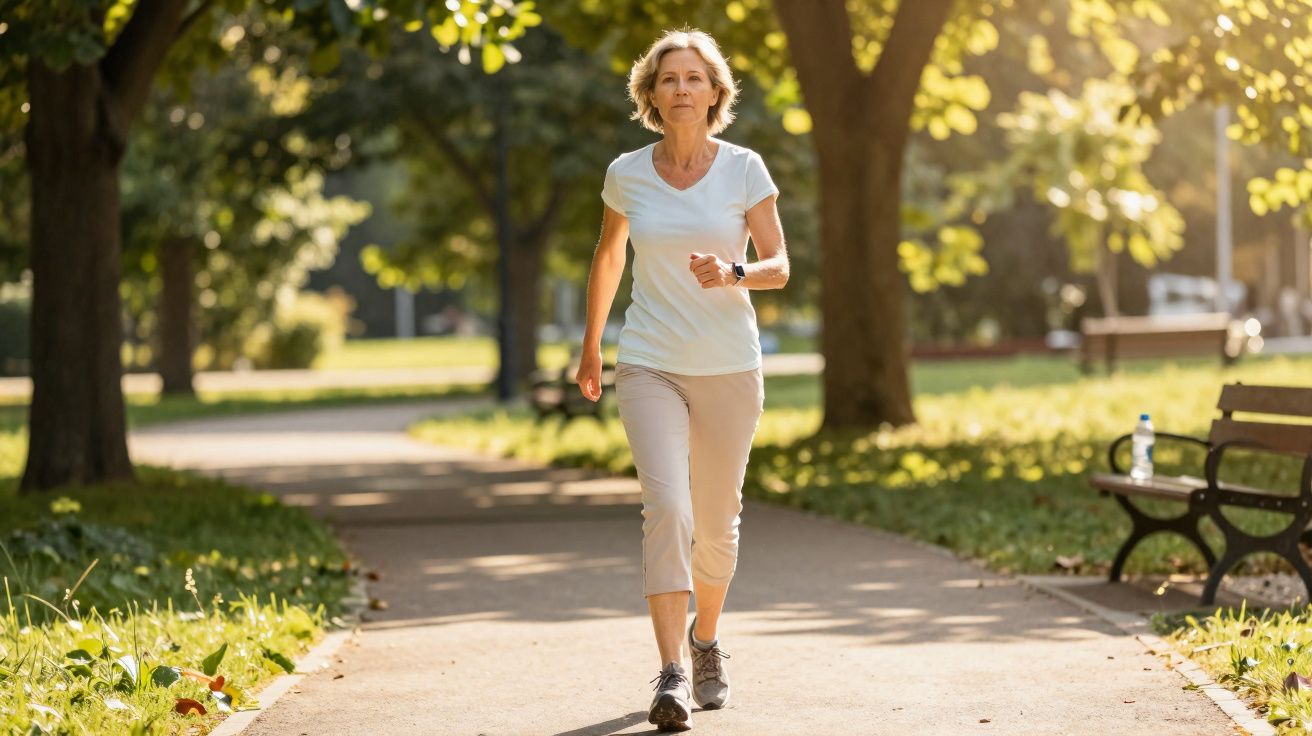 Mulher adulta a caminhar num parque ensolarado com árvores e bancos ao fundo.