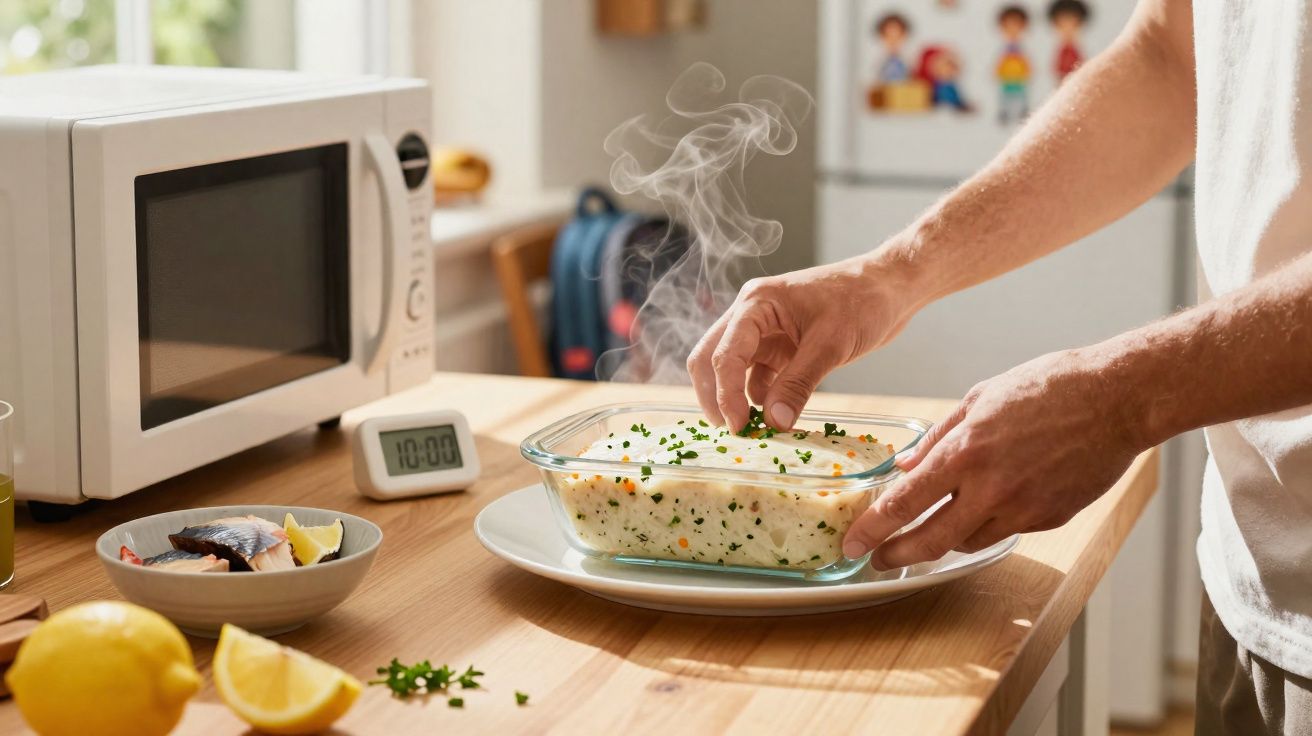 Mãos a temperar arroz quente num tabuleiro de vidro numa cozinha com micro-ondas e limões na bancada.