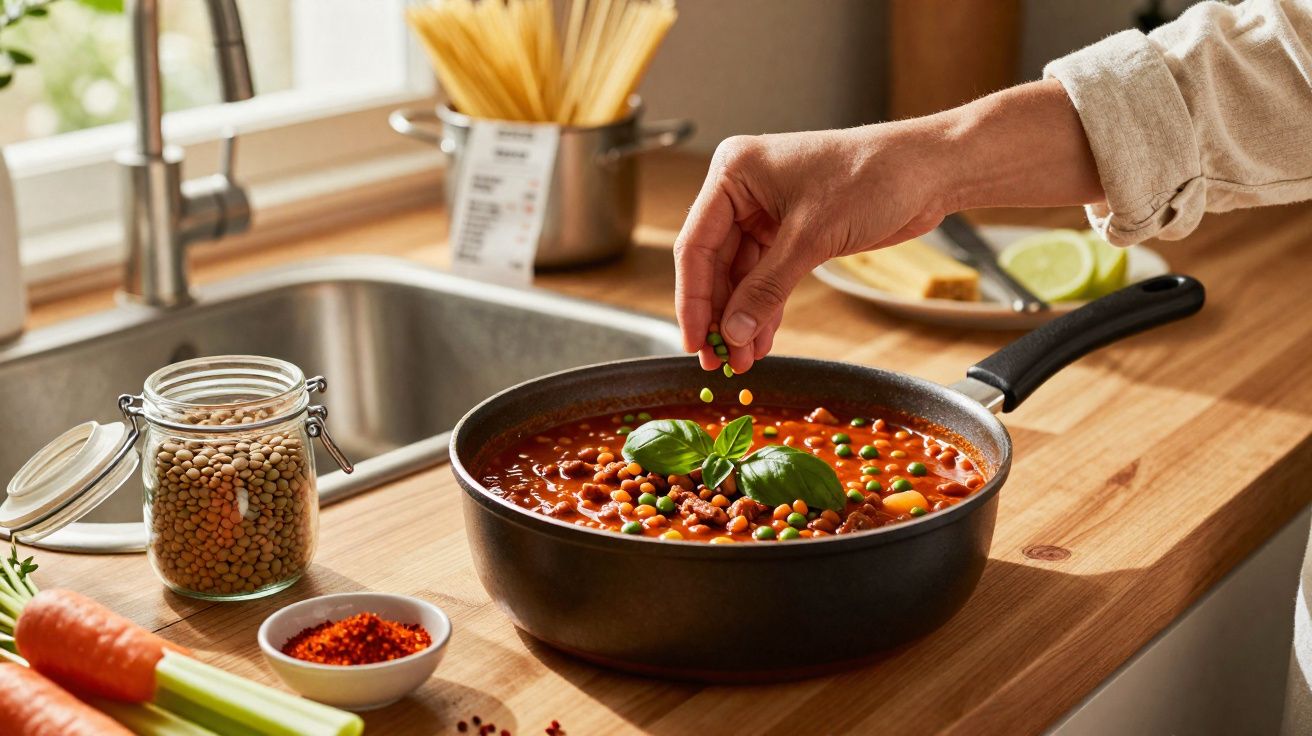 Pessoa a polvilhar ervilhas numa panela com molho de tomate e lentilhas na cozinha.