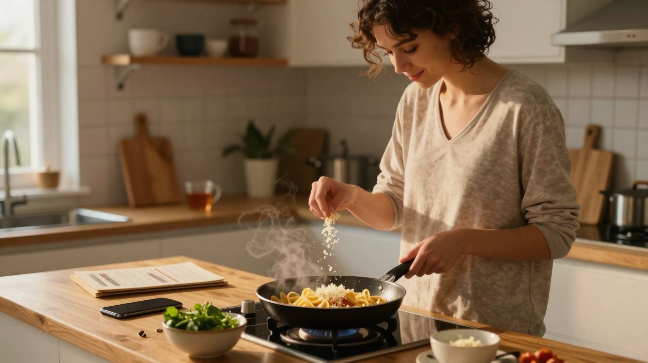 Mulher a cozinhar massa numa frigideira na cozinha moderna e a polvilhar queijo ralado.