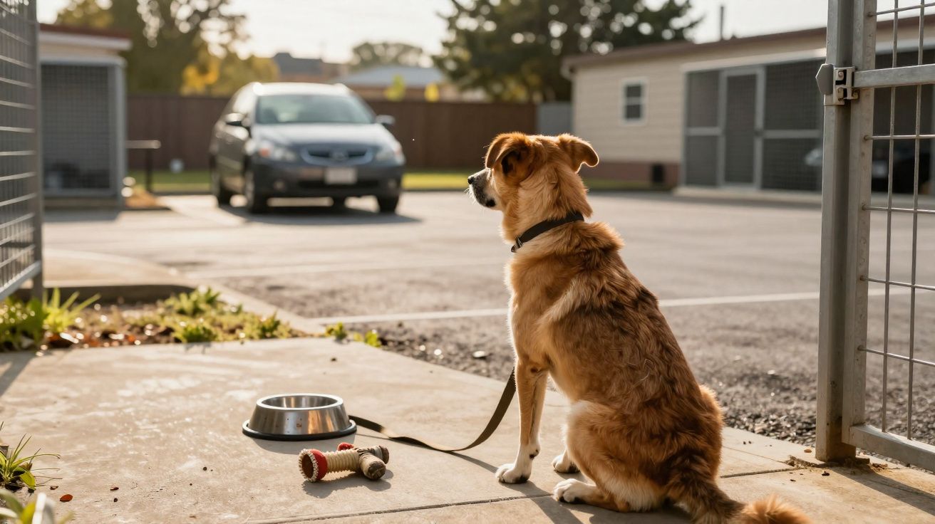 Cão castanho sentado junto a uma tigela de água e brinquedos, numa zona exterior junto a um portão.