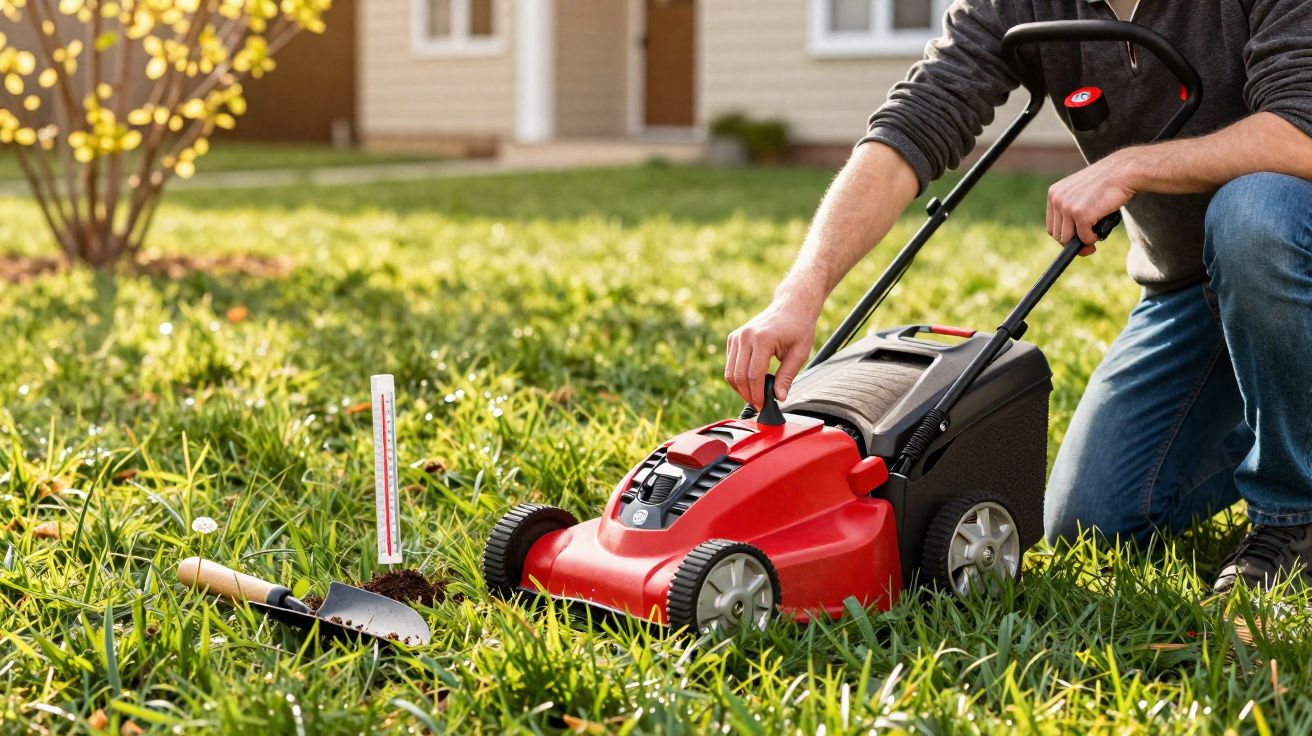 Pessoa a iniciar um corta-relvas vermelho num jardim com relva verde e utensílios de jardinagem ao lado.
