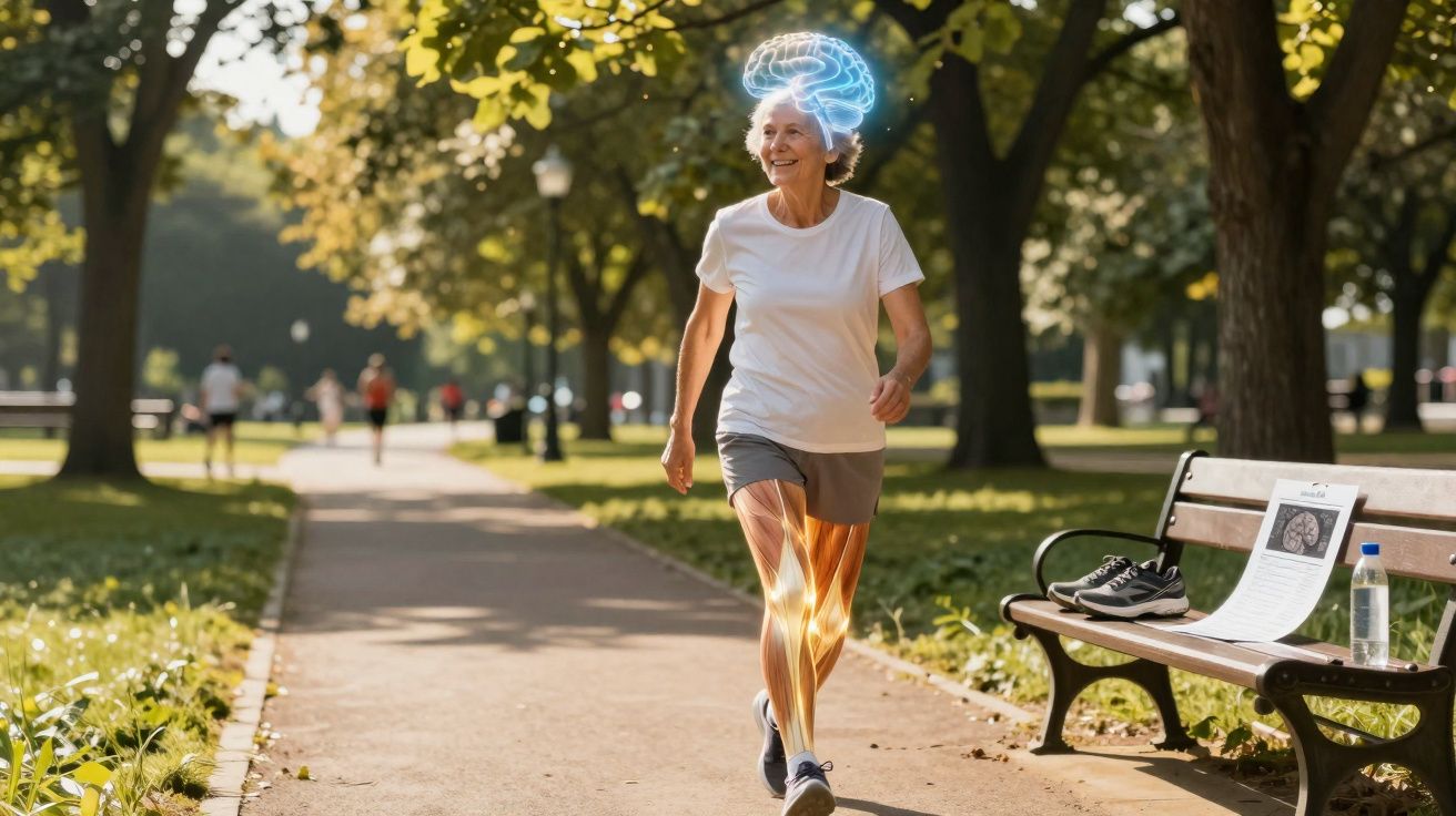 Senhora sénior a caminhar num parque com destaque gráfico para cérebro e músculos das pernas.