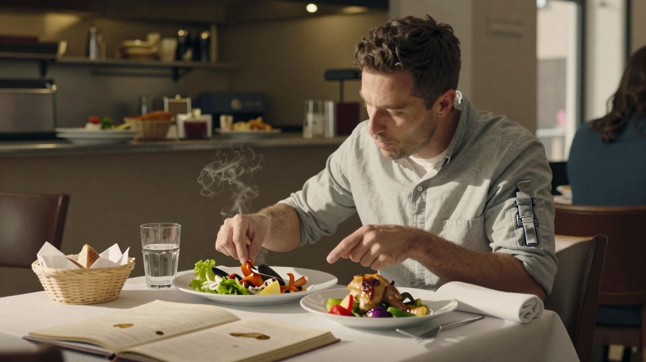 Homem a almoçar num restaurante, com dois pratos e um copo de água numa mesa branca.