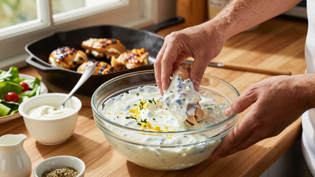 Mãos a mergulhar pedaço de frango em molho cremoso, com frigideira de frango grelhado e salada ao fundo.