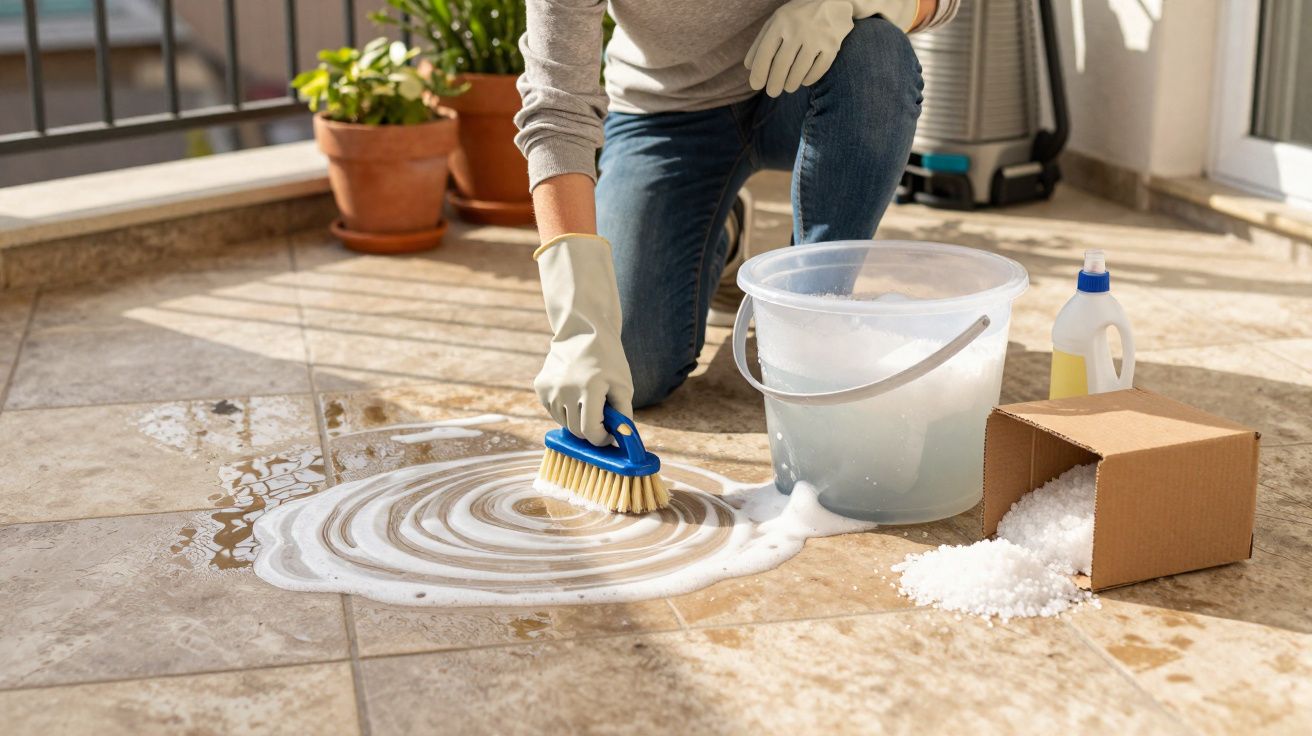 Pessoa a lavar chão em terraço com escova, balde com água e produtos de limpeza.