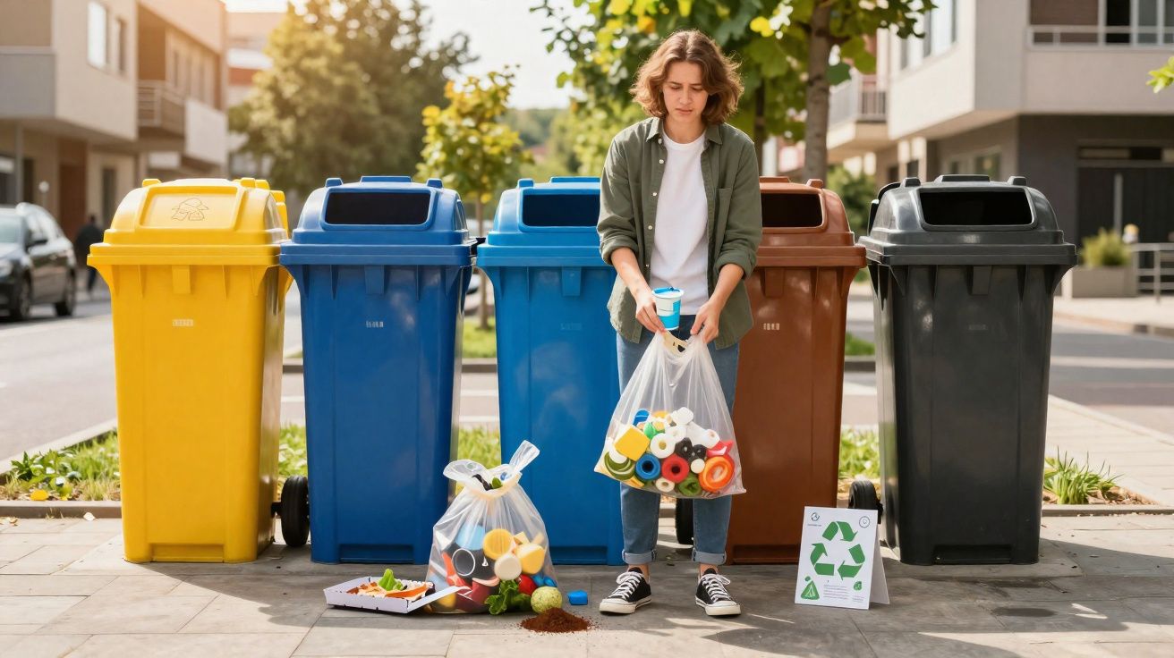 Pessoa a separar lixo reciclável em sacos transparentes junto a contentores de cores diferentes numa rua.
