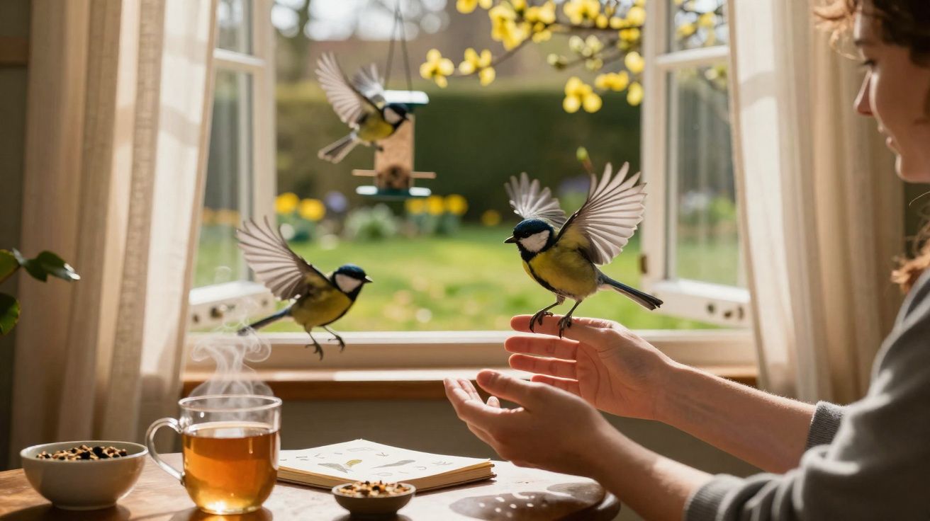 Pessoa a alimentar pássaros numa mão perto de janela aberta, com chá e sementes na mesa ao sol.
