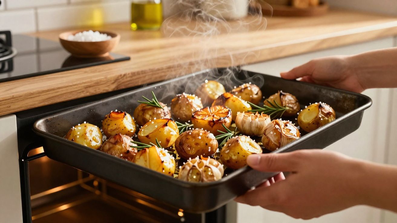 Mãos a retirar tabuleiro com batatas, alhos e ervas aromáticas do forno numa cozinha moderna.