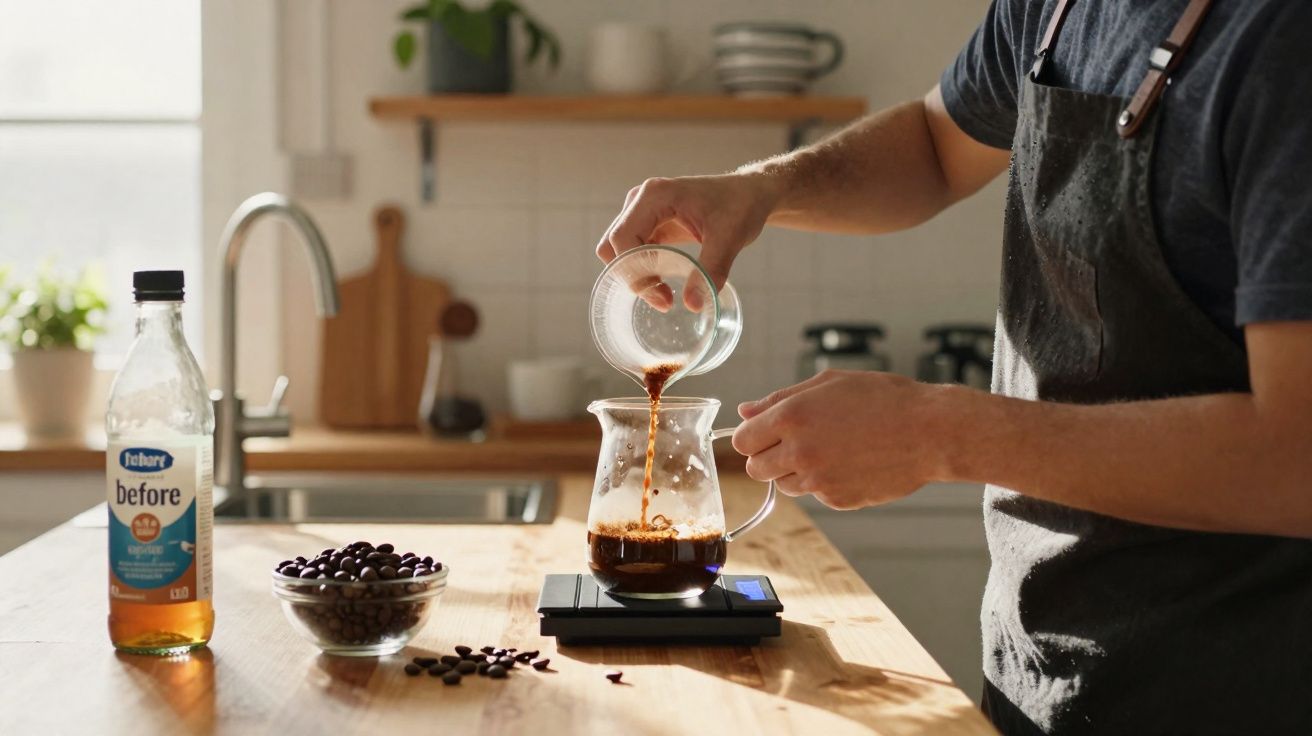 Pessoa a preparar café coado numa jarra sobre uma balança digital numa cozinha iluminada.