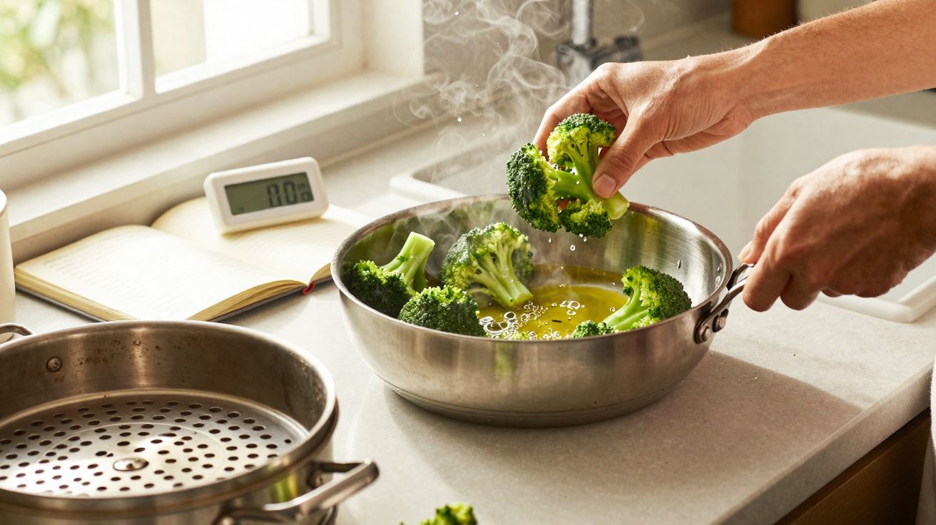 Pessoa a cozinhar brócolos numa panela em inox com vapor a sair, sobre bancada de cozinha perto de janela.