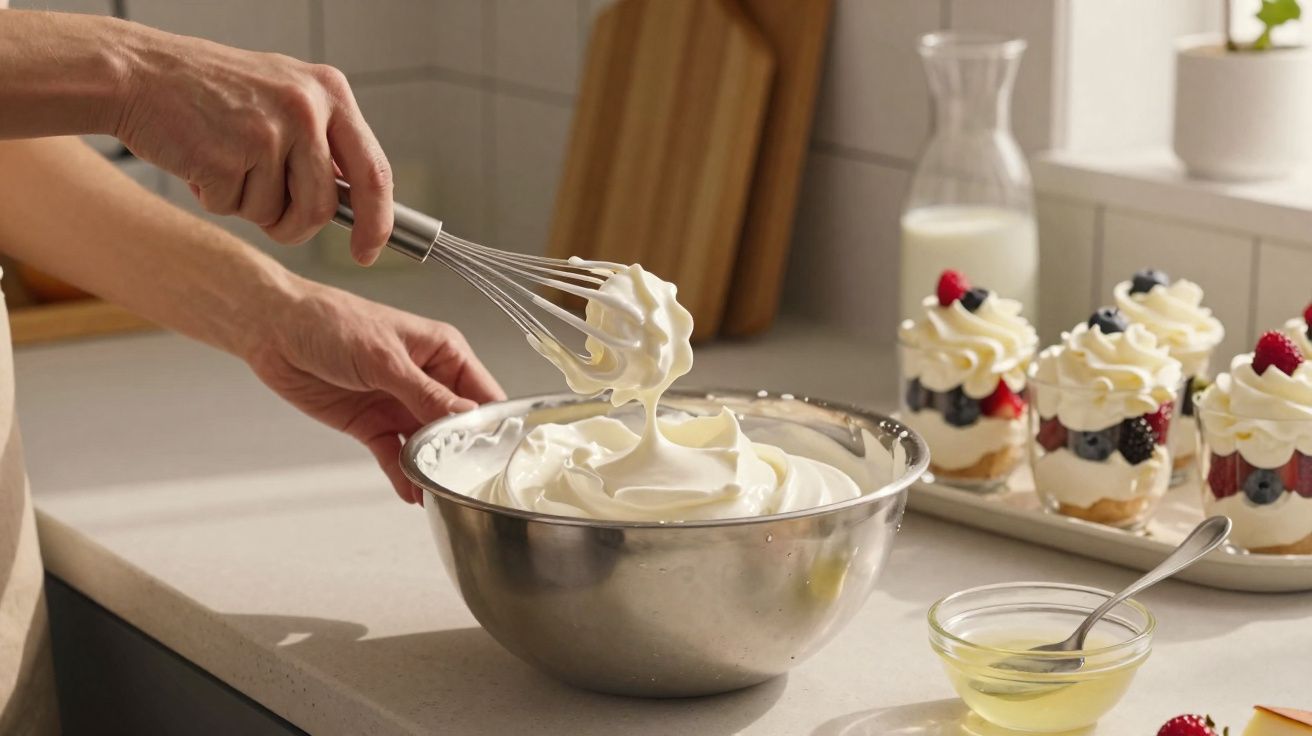 Pessoa a mexer creme num recipiente metálico grande, com sobremesas de frutos e chantilly ao fundo.