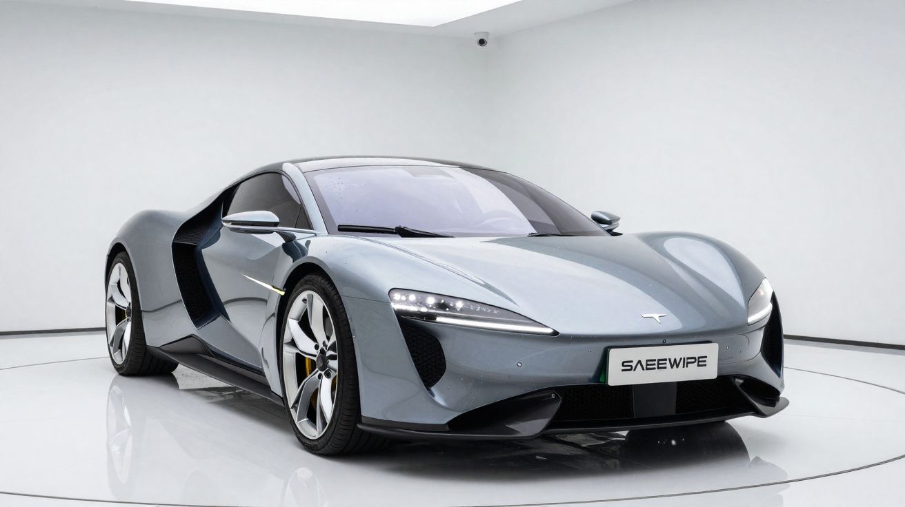 Carro desportivo elétrico cinza com design aerodinâmico estacionado em ambiente branco minimalista.