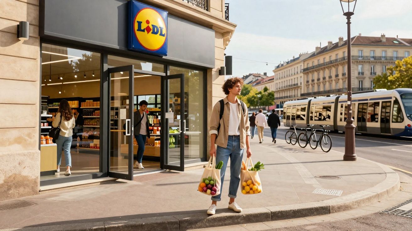 Homem com sacos de compras na mão à saída de supermercado Lidl numa rua urbana movimentada.