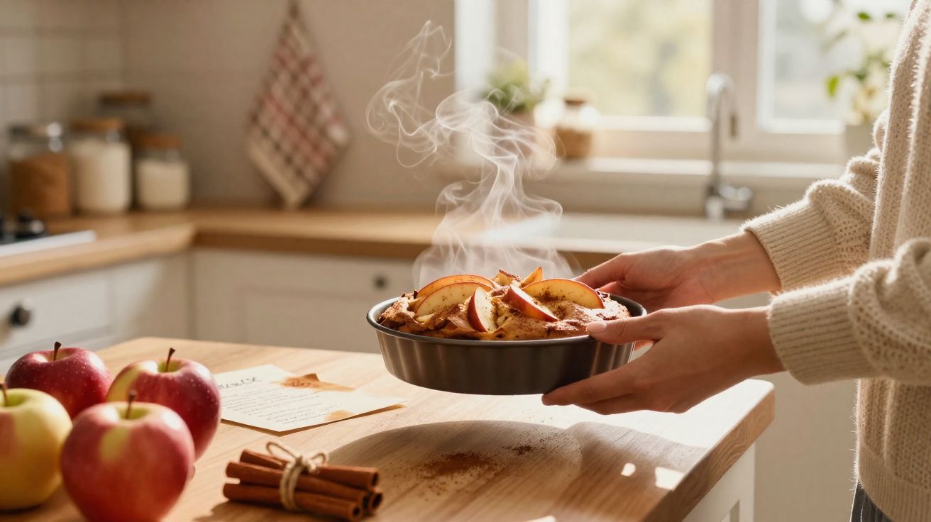 Pessoa a segurar uma tarte de maçã fumegante numa cozinha com maçãs e paus de canela sobre a mesa.