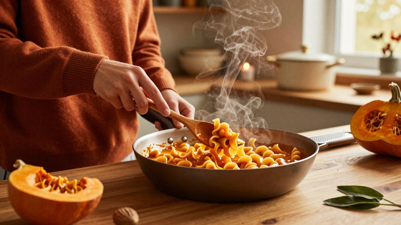 Pessoa a cozinhar massa com molho numa frigideira numa cozinha acolhedora, com abóbora cortada na mesa.