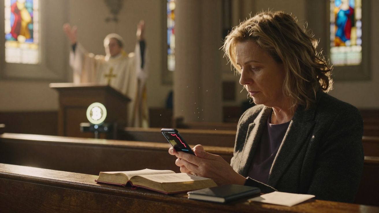 Mulher sentada numa igreja a olhar para o telemóvel, com Bíblia aberta à sua frente, padre ao fundo.