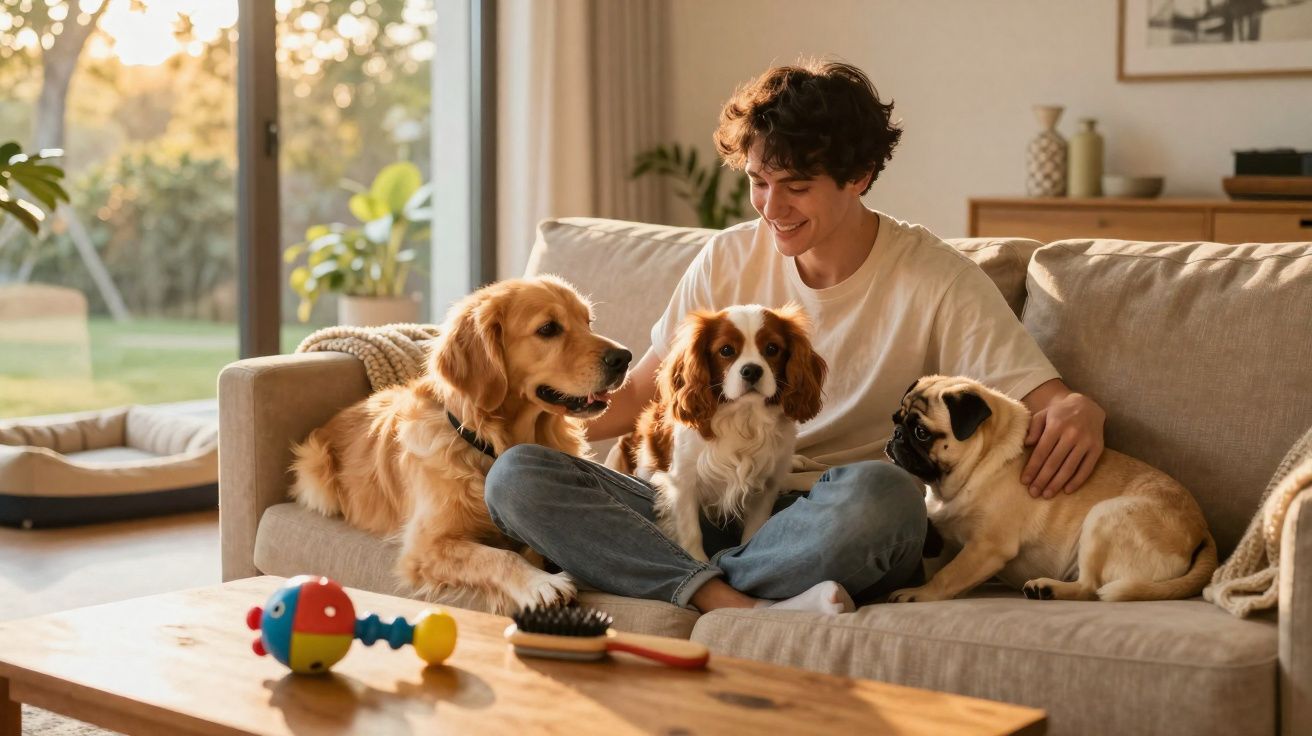 Jovem sentado no sofá a brincar com três cães de raças diferentes numa sala iluminada e acolhedora.
