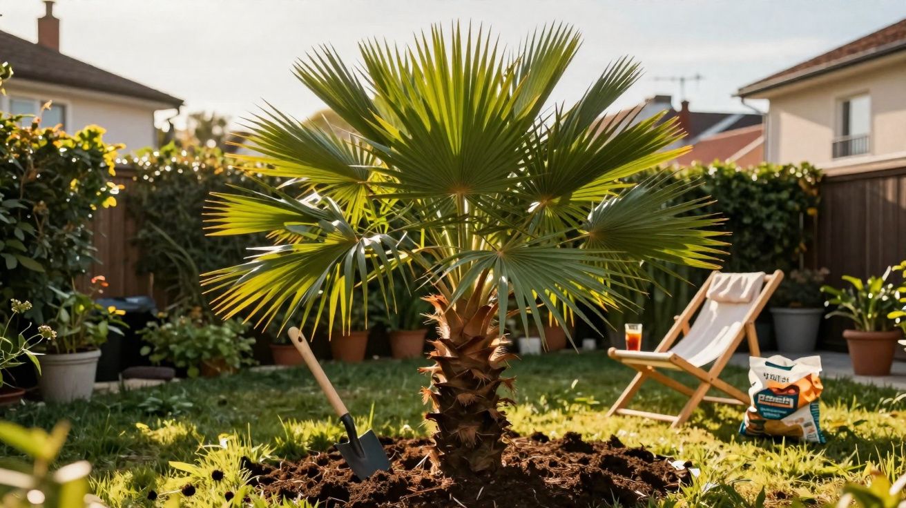Jardim com pequena palmeira recém-plantada, pá na terra e cadeira de madeira ao fundo.