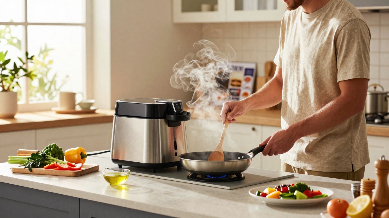 Homem a cozinhar com frigideira fumegante numa cozinha moderna com legumes frescos na bancada.