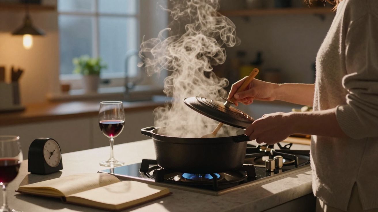 Pessoa a cozinhar num fogão de gás com panela a ferver e duas taças de vinho tinto sobre a bancada.