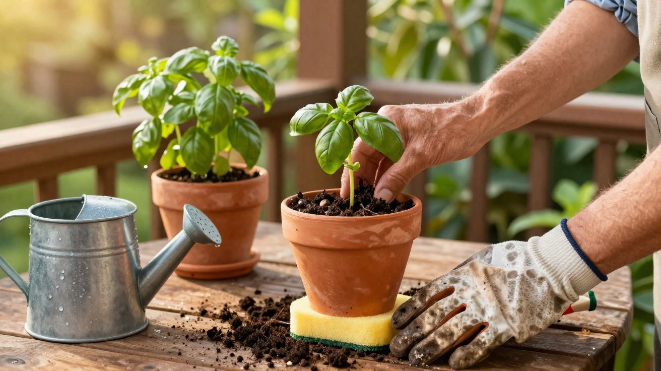 Pessoa a cuidar de planta de manjericão em vaso de barro numa mesa de madeira com regador metálico.
