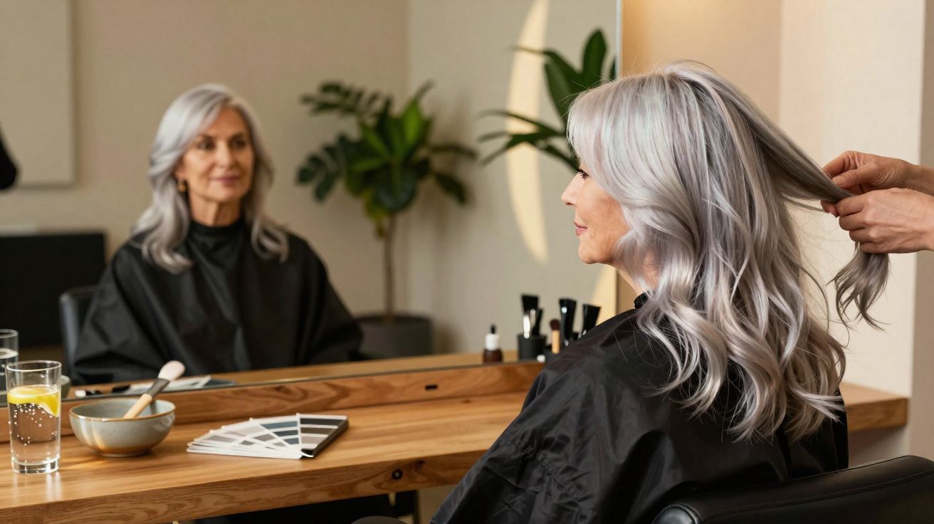 Mulher idosa com cabelo grisalho longo sentada num cabeleireiro, enquanto arrumam o seu cabelo.