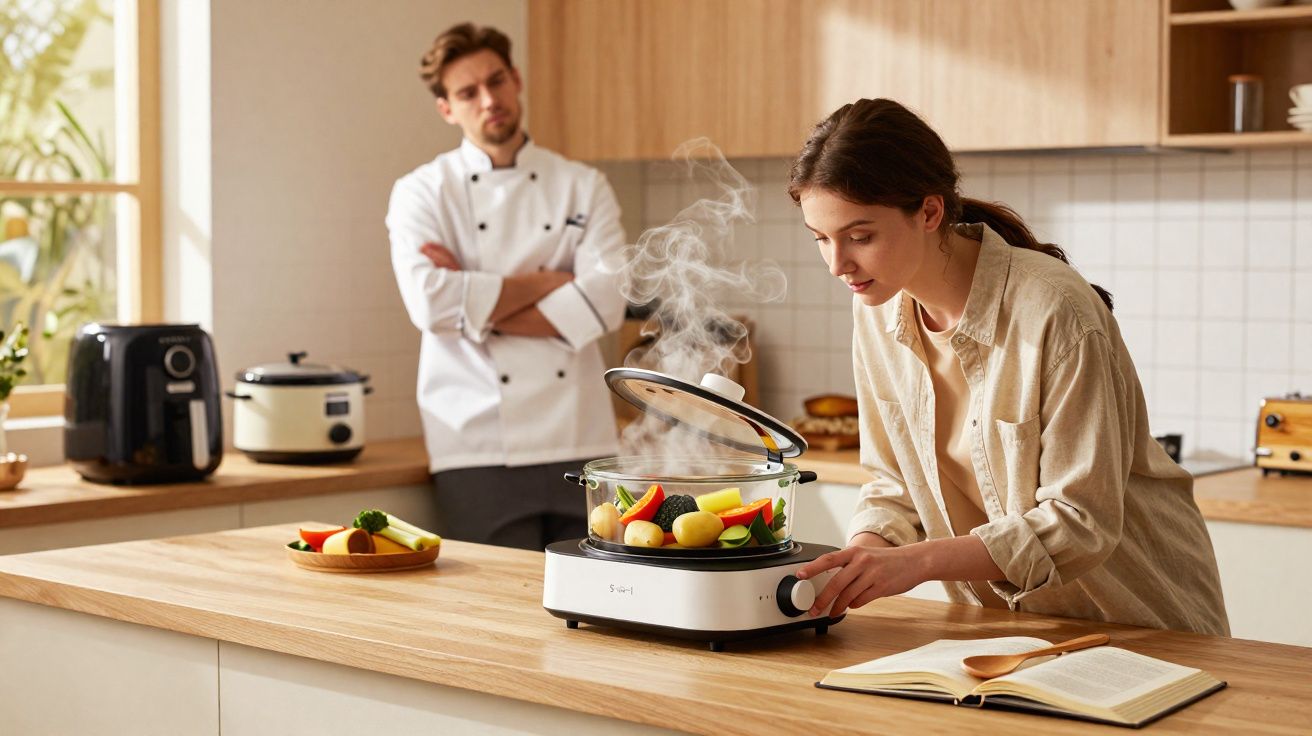 Mulher ajusta panela eléctrica com legumes a vapor enquanto homem observa numa cozinha moderna.
