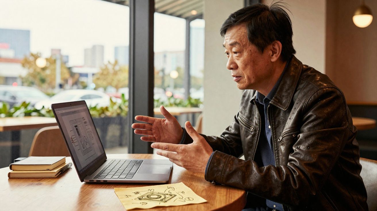 Homem sentado numa mesa a olhar para o portátil e a gesticular durante uma conversa num café moderno.