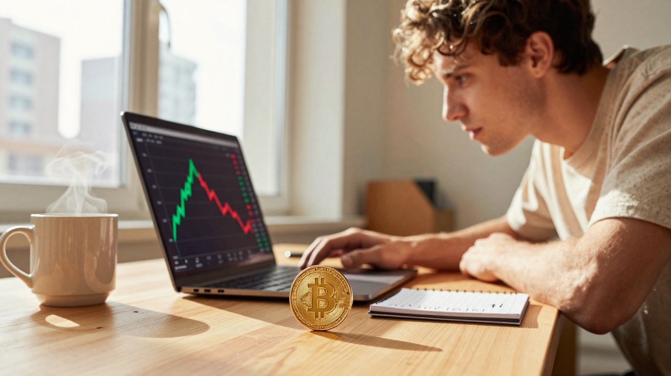 Jovem a analisar gráficos de criptomoedas num portátil com uma moeda Bitcoin e chá numa mesa de madeira.