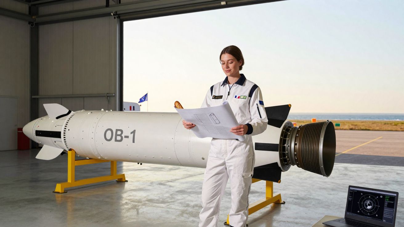 Mulher em fato branco de engenharia a analisar planta frente a foguete OB-1 numa garagem de aerospacial.