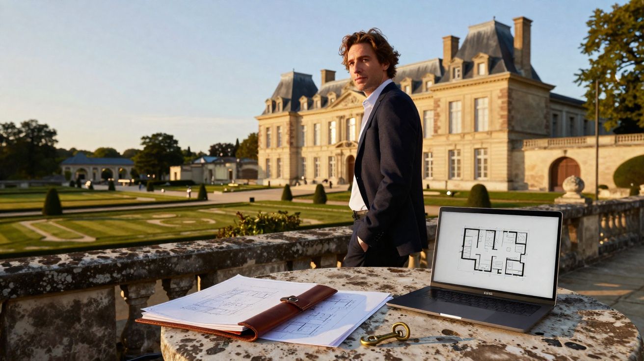 Homem de fato de pé junto a uma mesa com plantas arquitetónicas ao ar livre em frente a um palácio histórico.