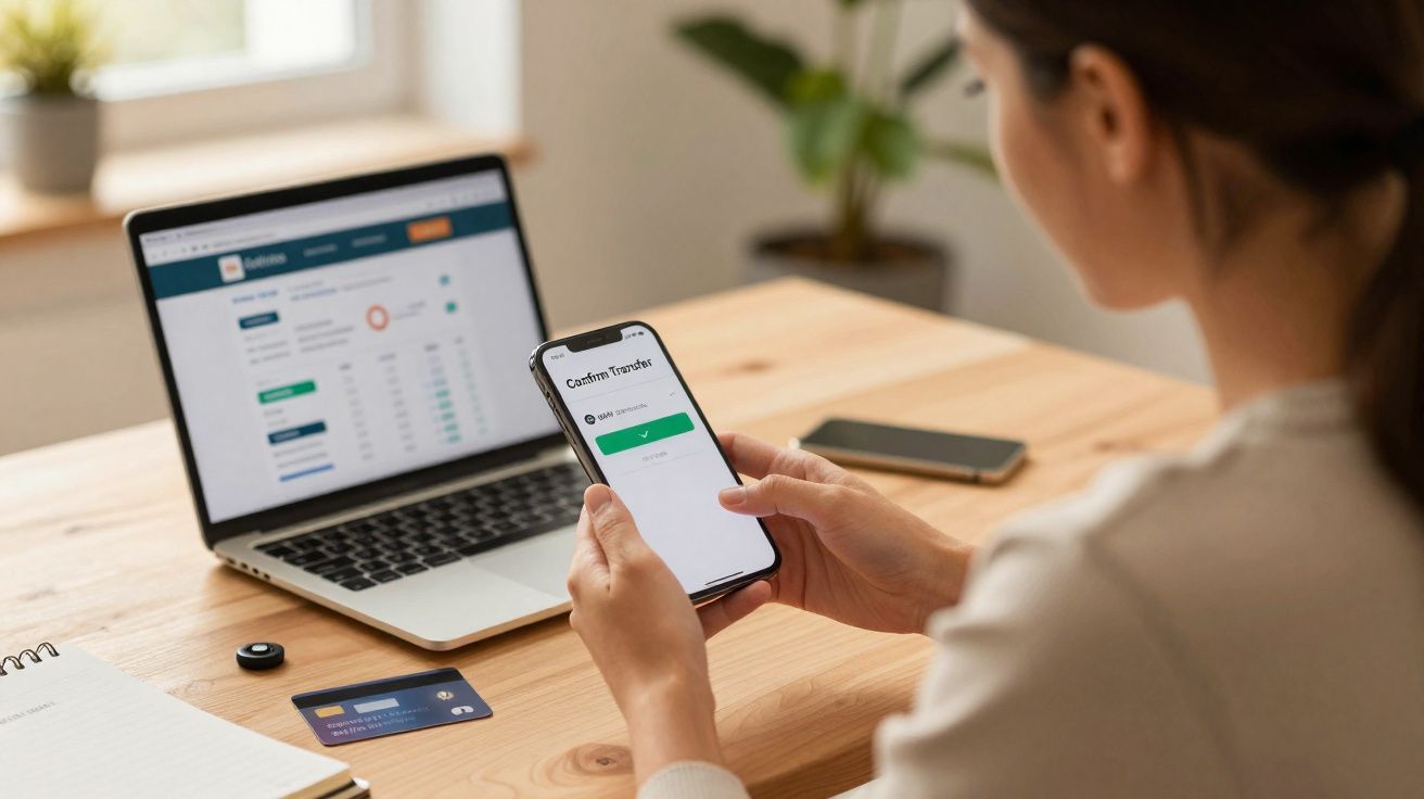 Mulher a usar smartphone para confirmar transferência bancária com portátil e cartão na mesa de madeira.